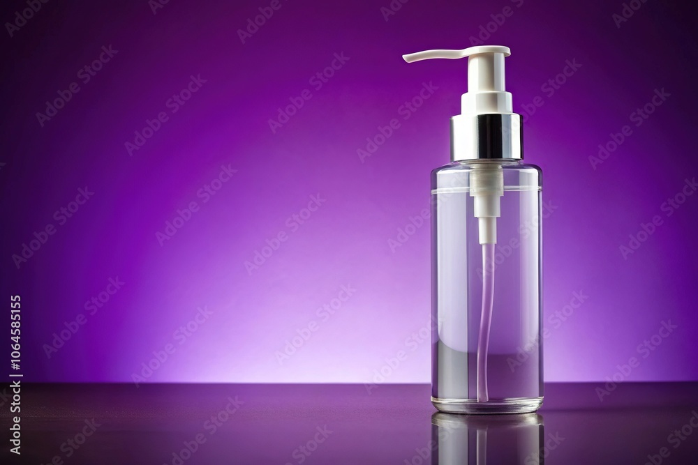 Cosmetic bottle with dispenser on purple background with shadow Depth of Field Cosmetic bottle with dispenser on purple background with shadow Depth of Field