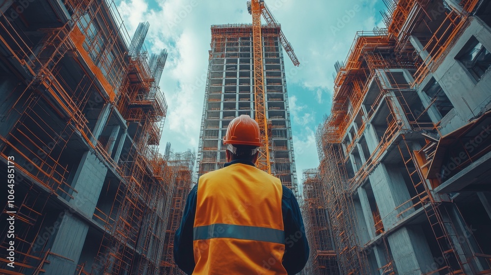 A construction worker stands in safety gear at a busy construction site, observing the progress of a tall building, surrounded by cranes and scaffolding under a cloudy sky. A construction worker stands in safety gear at a busy construction site, observing the progress of a tall building, surrounded by cranes and scaffolding under a cloudy sky.