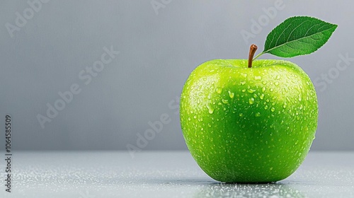A photostock of a peeled apple with leaf on a white background, fresh and detailed.