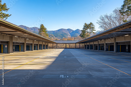 A serene view of a spacious parking area surrounded by mountains in the clear morning light