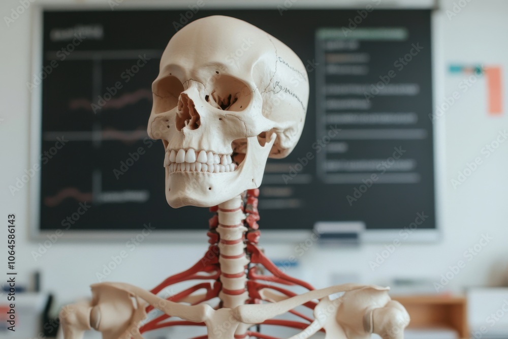 Human skeleton model standing in a classroom promoting medical education Human skeleton model standing in a classroom promoting medical education