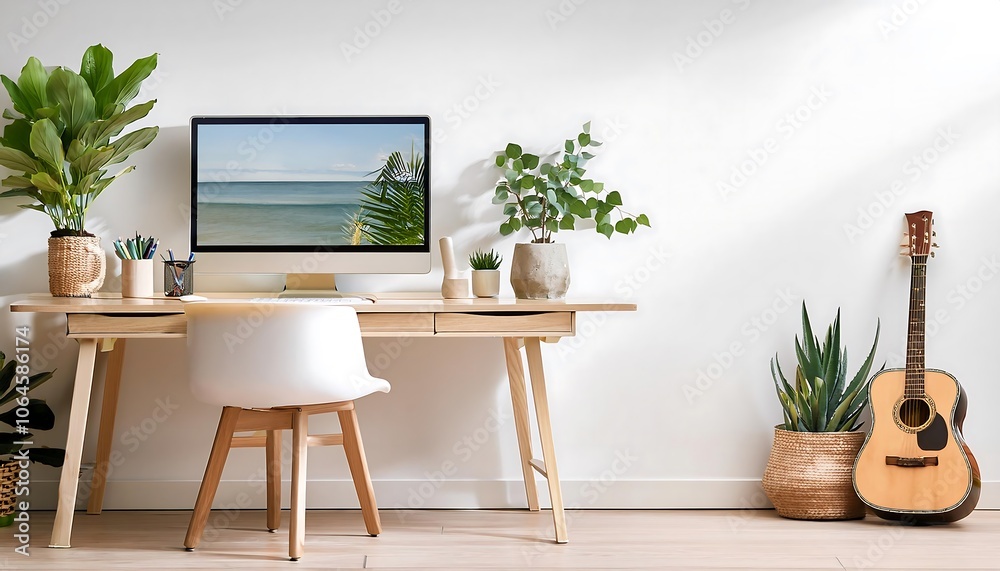 Minimalist Workspace with Computer, Plants, and Acoustic Guitar in Modern Decor