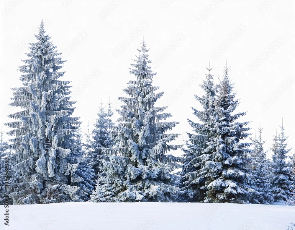 Group of frosty spruce trees in snow isolated on white Group of frosty spruce trees in snow isolated on white
