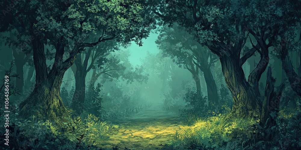 Woodland forest background banner, cartoon anime style graphic resource wide backdrop, empty space, trees wallpaper Woodland forest background banner, cartoon anime style graphic resource wide backdrop, empty space, trees wallpaper