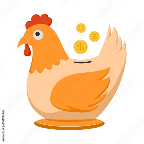 Chicken hen piggy bank coins produce gold egg isolated on white background, vector illustration