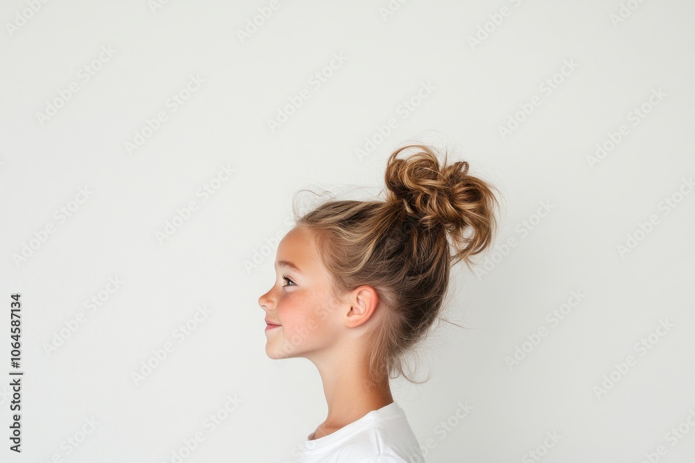 Young girl with trendy topknot hairstyle smiling gently Young girl with trendy topknot hairstyle smiling gently