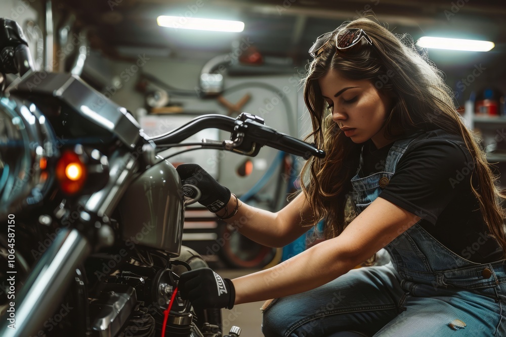 Mechanic woman working on her motorcycle in a garage on International Female Ride Day Mechanic woman working on her motorcycle in a garage on International Female Ride Day