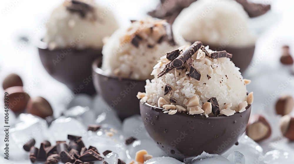 Hazelnut chunks and dark chocolate scoop atop frosted ice balls Hazelnut chunks and dark chocolate scoop atop frosted ice balls