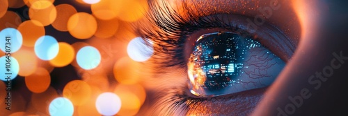 Digital scanning and futuristic interface elements in a woman's eye