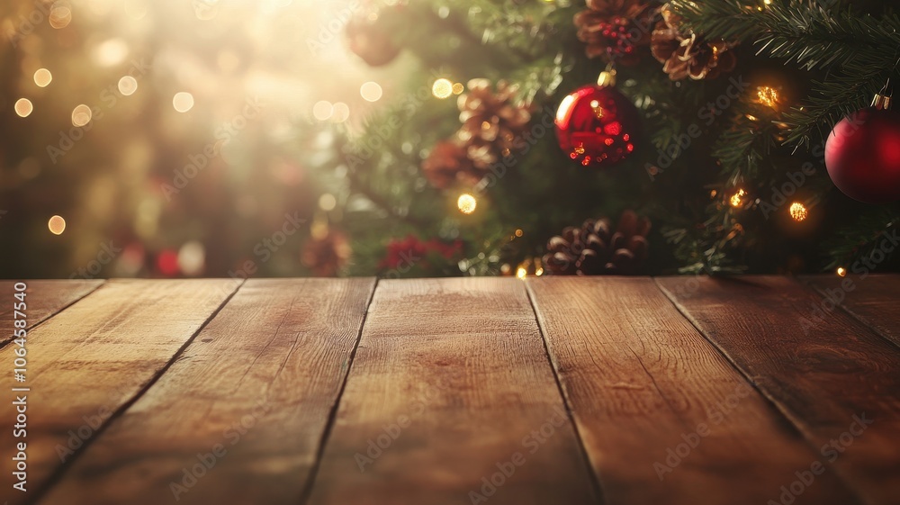 Wooden table top with blurred bokeh lights and pine tree leafs, Christmas holiday,product display,Merry christmas and Happy Holidays,Atmospheric christmas eve,space for text. Wooden table top with blurred bokeh lights and pine tree leafs, Christmas holiday,product display,Merry christmas and Happy Holidays,Atmospheric christmas eve,space for text.