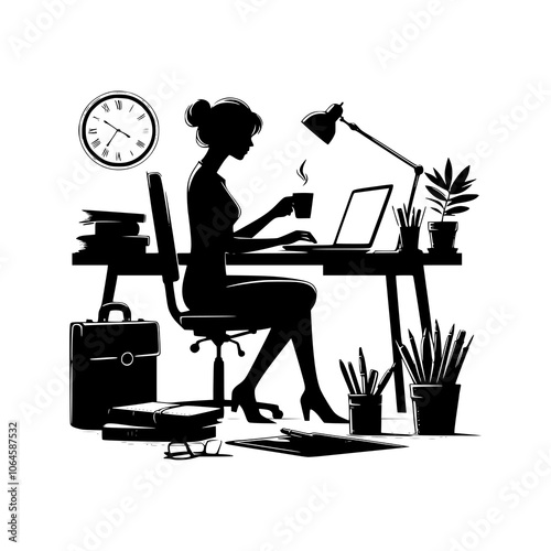 Office Worker Sitting at Desk with Computer in Silhouette. Person Working at Desk