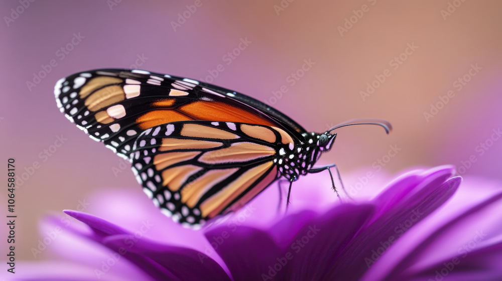 Macro image of butterfly on purple flower, showcasing vibrant colors and details Macro image of butterfly on purple flower, showcasing vibrant colors and details