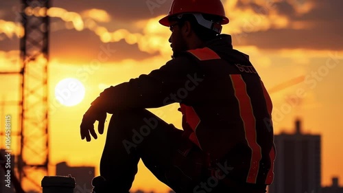 A skyser takes shape in the background as the silhouette of a construction worker takes a break outlined by a breathtaking sunset. photo