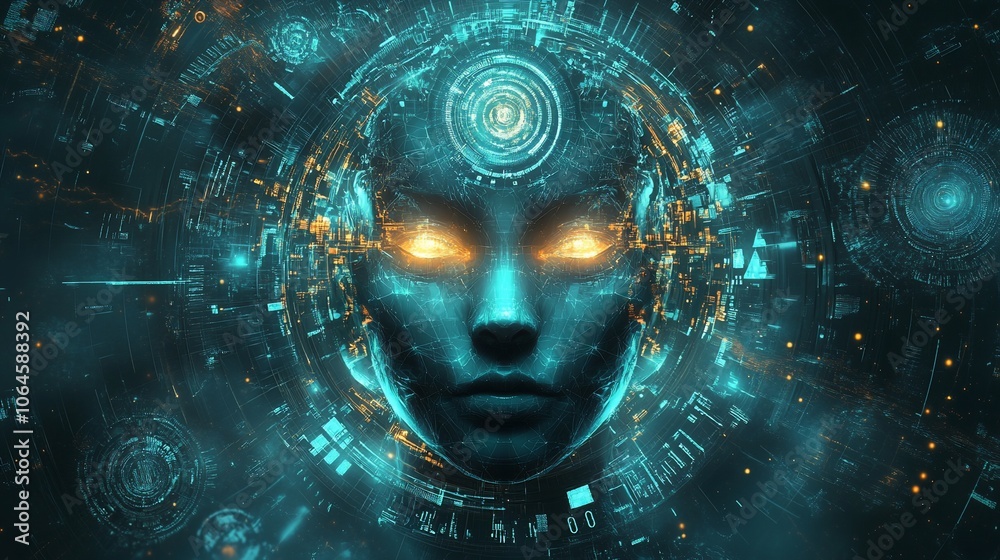 A futuristic illustration of a female face with glowing eyes surrounded by technology elements and a digital sphere. A futuristic illustration of a female face with glowing eyes surrounded by technology elements and a digital sphere.
