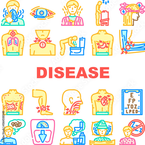disease symptom fever cough icons set vector. fatigue headache, nausea rash, chills, dizziness pain, swelling vomiting, diarrhea disease symptom fever cough color line illustrations