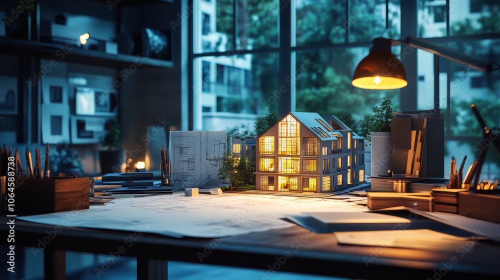 Fototapeta premium Architect s workspace with blueprints lighting and building models on table. architecture design. Ultra realistic. Photorealistic hypermaximalist advertising photography hyper realistic fine detail