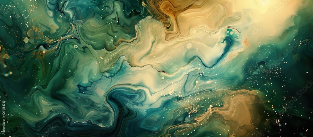Obraz premium A painting of a galaxy with swirls of green and gold. Fluid Blur texture