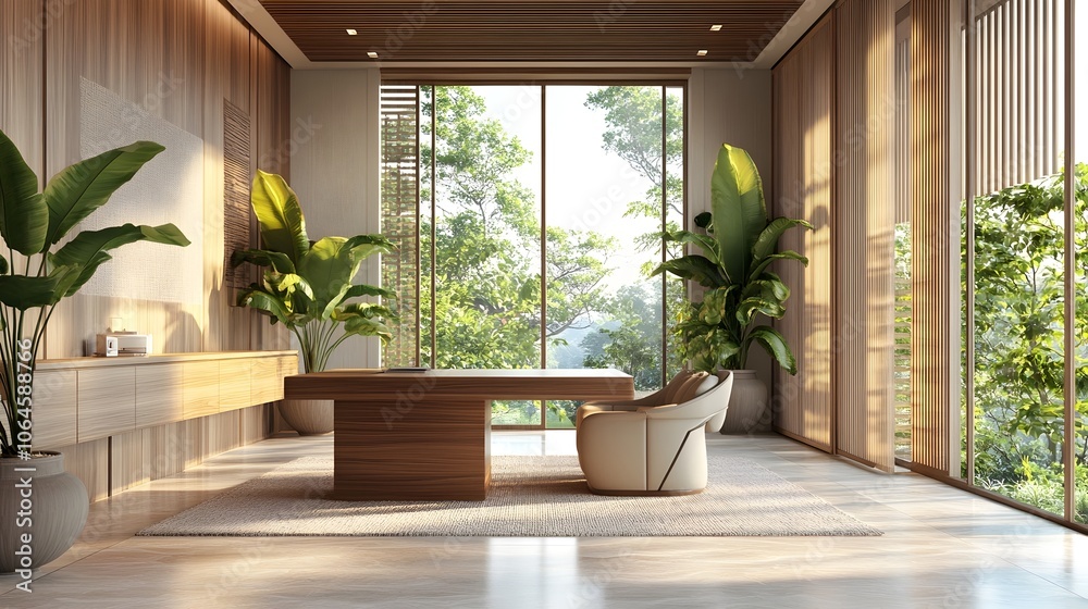 Elegant wooden conference room with large windows overlooking lush greenery Elegant wooden conference room with large windows overlooking lush greenery