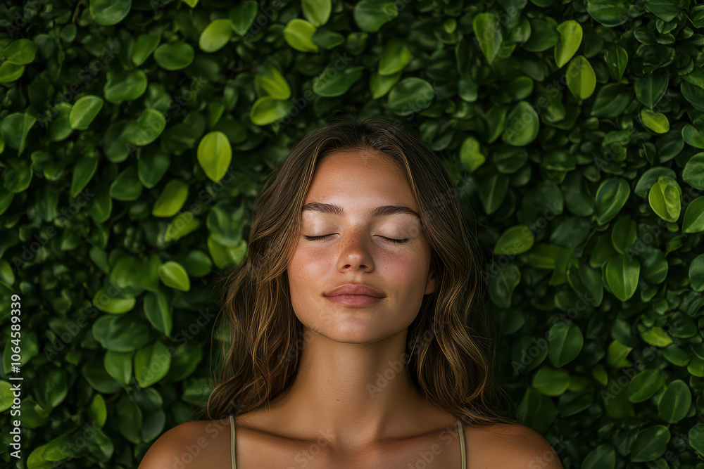 A serene woman with closed eyes surrounded by lush green foliage. A serene woman with closed eyes surrounded by lush green foliage.