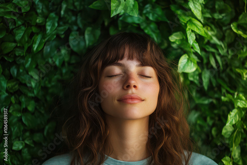 A serene young woman with closed eyes, surrounded by lush green foliage.