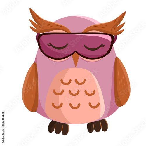 Cartoon illustration of a pink fluffy owl with an eye patch for sleeping