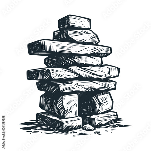 Large tiered rocks. Black white vector  illustration.