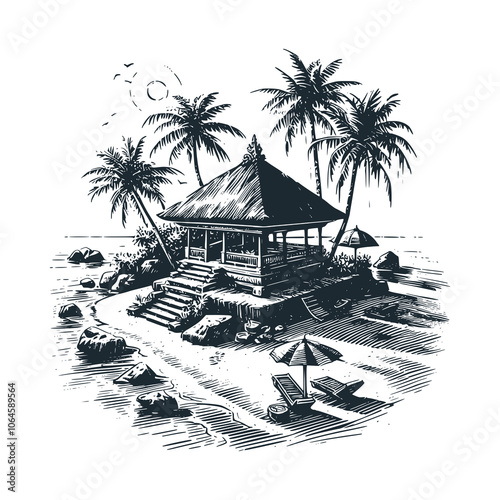 Small house under the coconut tree. Black white vector  illustration. photo