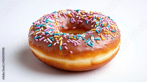 A photostock of a sprinkled donut on a white background, colorful and sweet.