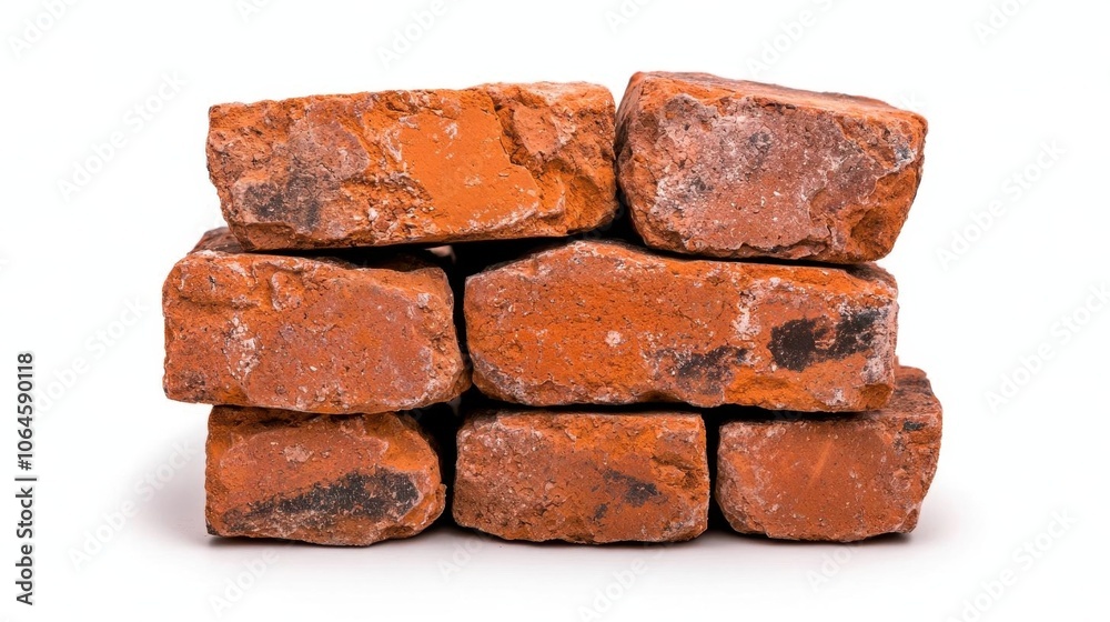A photostock of a stack of red bricks on a white background, isolated and rough. A photostock of a stack of red bricks on a white background, isolated and rough.