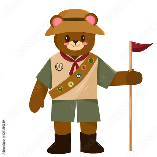 Illustration of a cute bear character with a scout costume and a flag in his hand