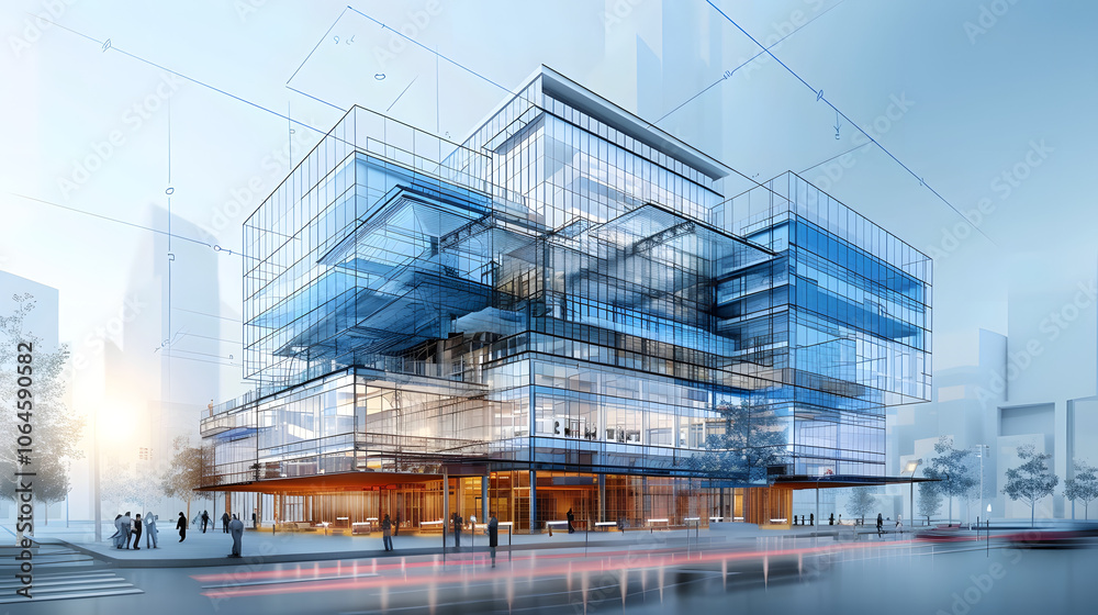 Construction of a Modern Office Building in Downtown City, Overlay of a future construction project with blueprints and diagrams Construction of a Modern Office Building in Downtown City, Overlay of a future construction project with blueprints and diagrams