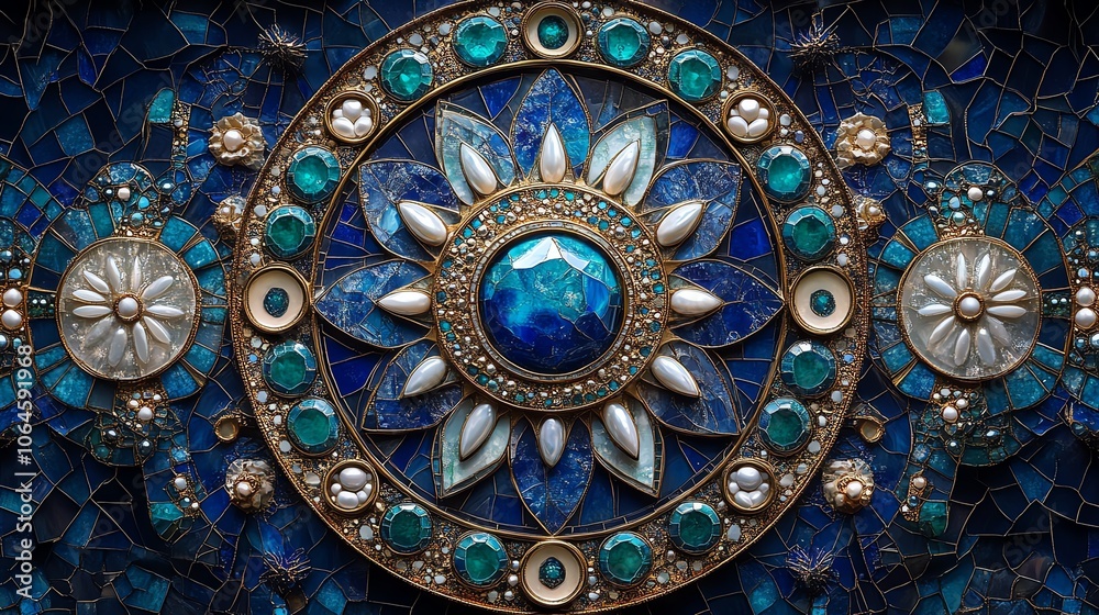 Ornate circular design featuring blue gemstones and intricate patterns. Ornate circular design featuring blue gemstones and intricate patterns.