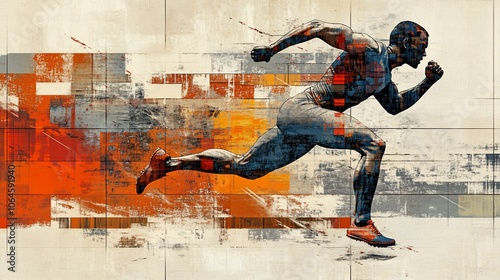 An abstract digital illustration of a runner in motion against a colorful, textured background. photo