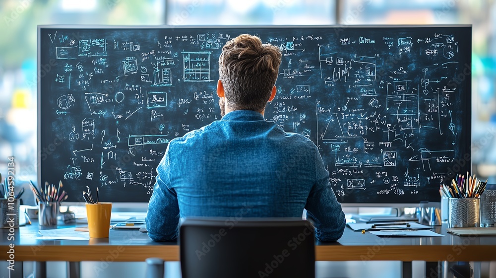 Professional man analyzing complex data on a large screen in modern office. Professional man analyzing complex data on a large screen in modern office.
