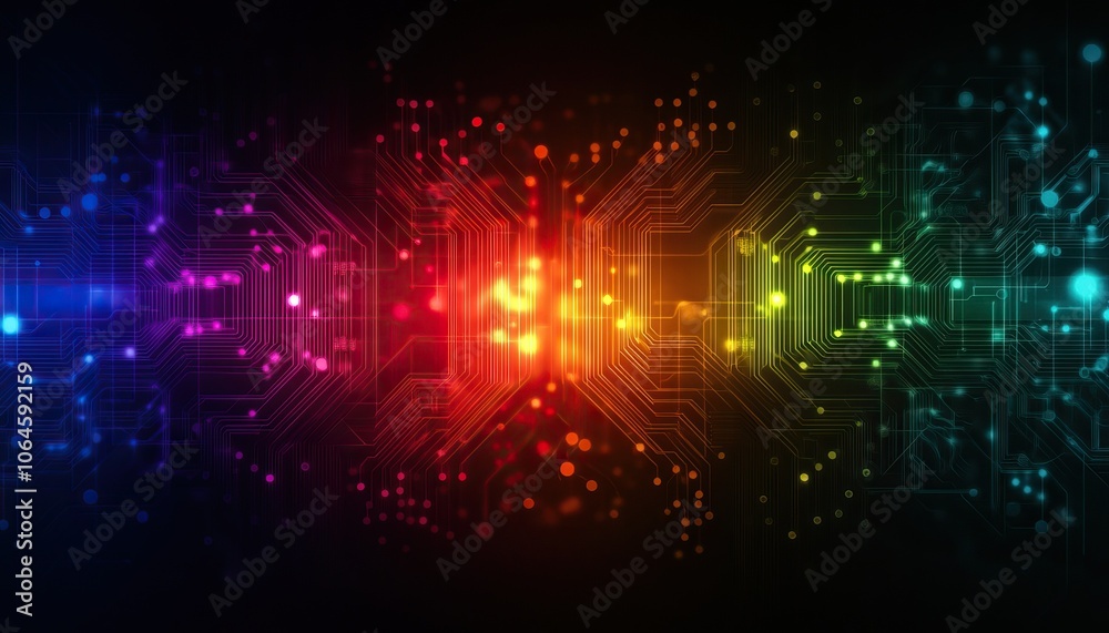 Fototapeta premium A colorful digital abstract design featuring vibrant lights and circuit patterns against a dark background, representing technology and innovation.