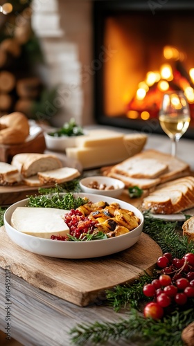 A cozy holiday spread featuring assorted cheeses, grapes, bread, and a warm fireplace, creating an inviting atmosphere for gatherings.