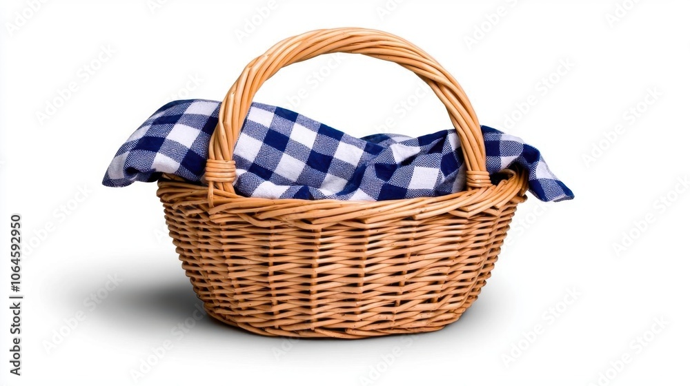 Obraz premium A photostock of a wicker basket with a gingham cloth on a white background, rustic and inviting.