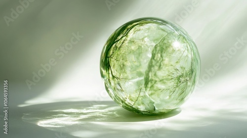 Translucent green sphere on a white background, showing light refractions and creating an ethereal look