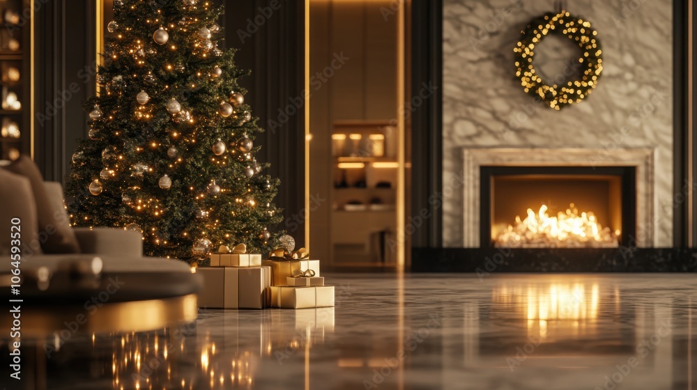 Luxury interior with a twinkling tree and a marble-clad contemporary fireplace. Luxury interior with a twinkling tree and a marble-clad contemporary fireplace.