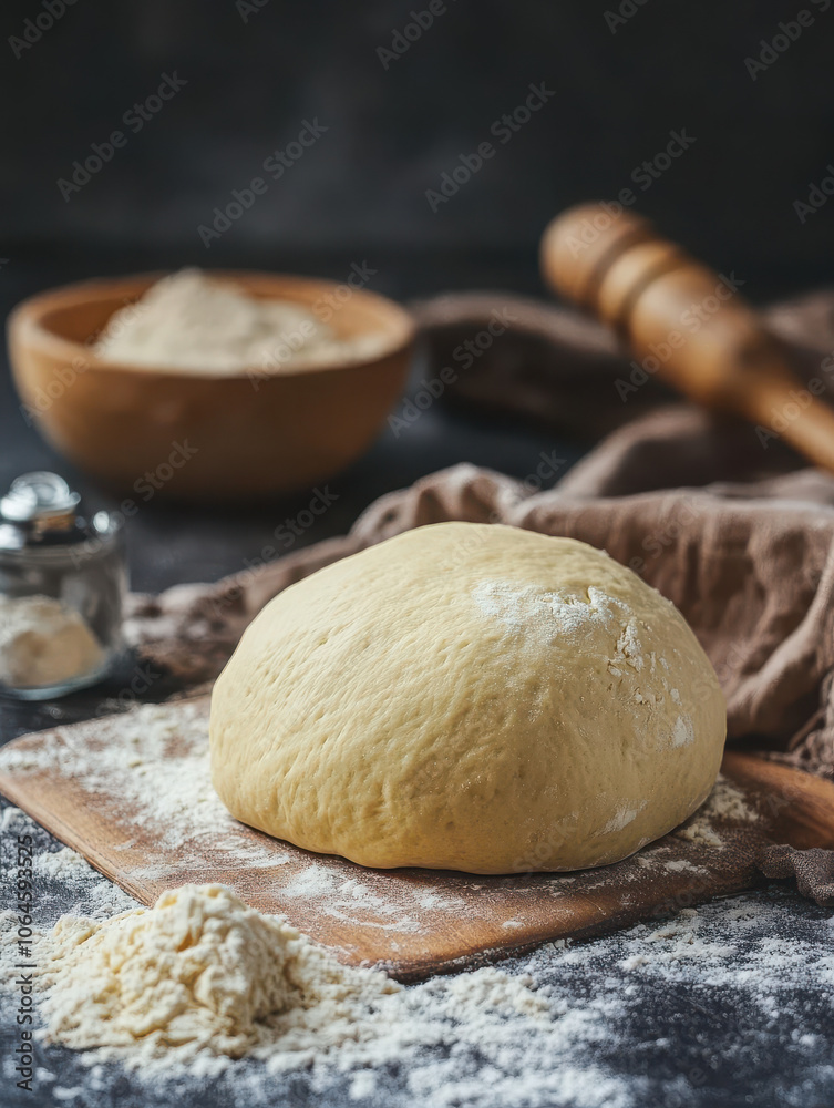 A ball of dough on a wooden board, surrounded by flour and a rolling pin, ready for baking. A ball of dough on a wooden board, surrounded by flour and a rolling pin, ready for baking.