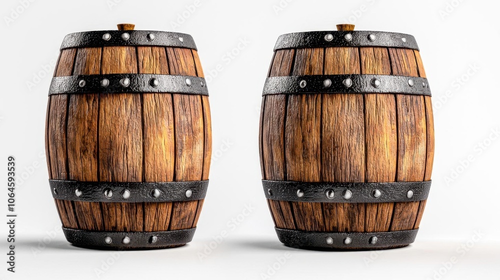A photostock of a wooden barrel with soft shadows on a white background, rustic and isolated. A photostock of a wooden barrel with soft shadows on a white background, rustic and isolated.