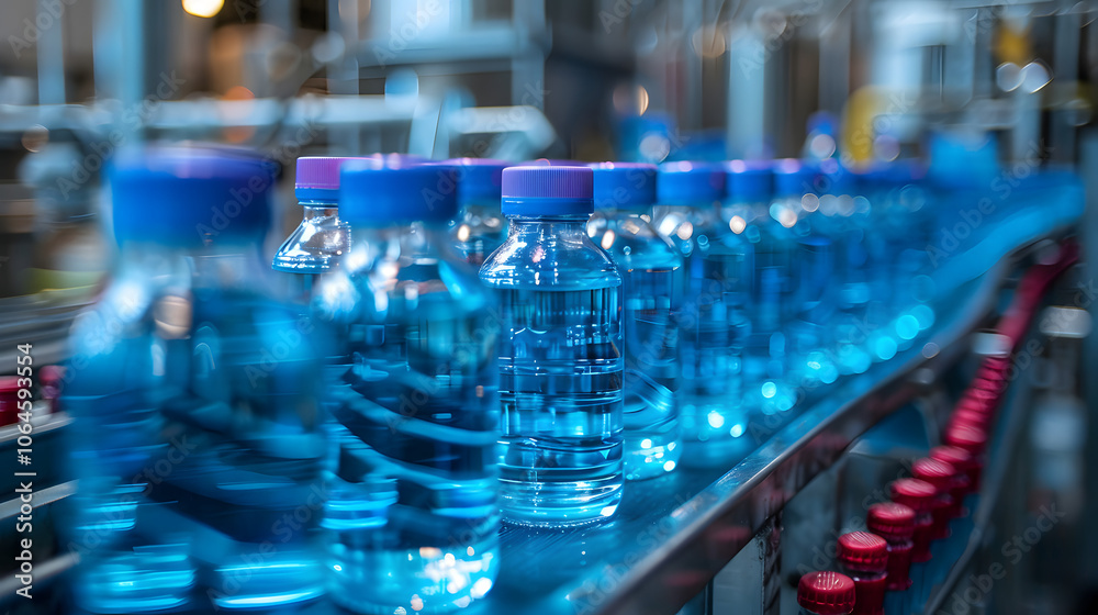 Conveyor belt, juice in bottles, beverage factory interior in blue color, industrial production line Conveyor belt, juice in bottles, beverage factory interior in blue color, industrial production line