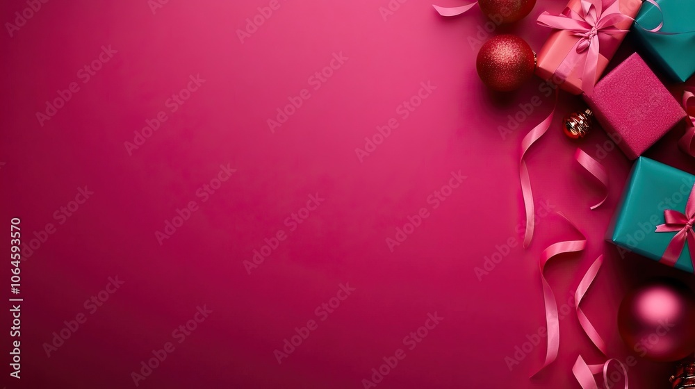 Fototapeta premium A festive arrangement featuring colorful gifts, ornaments, and ribbons set against a vibrant pink background.