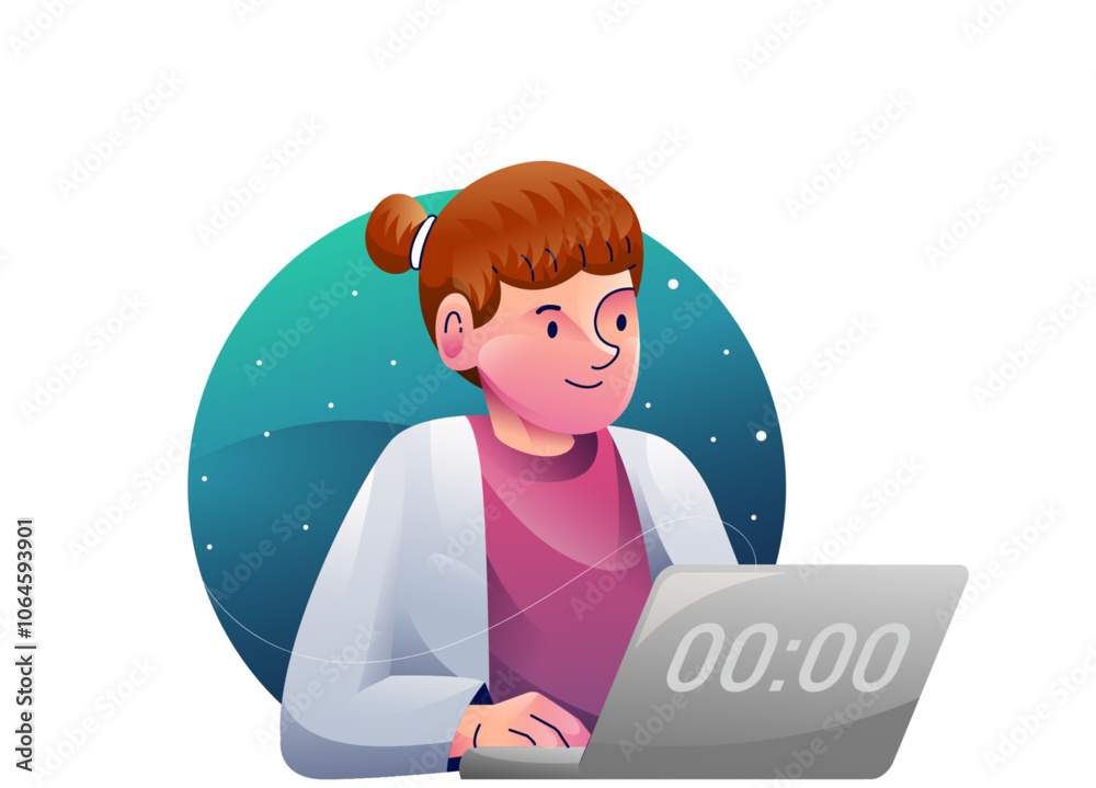 Education concept illustrations. Modern flat design illustration of a woman working on something in front of a laptop until midnight.