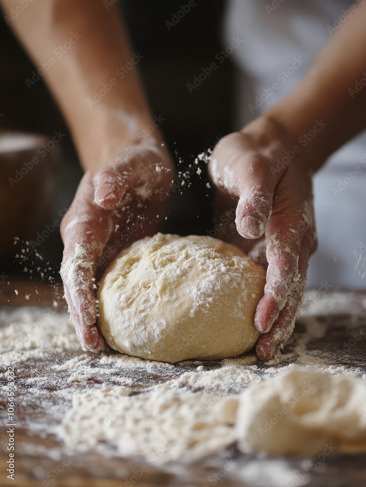 Fototapeta premium Hands kneading dough on a floured surface, preparing for baking.