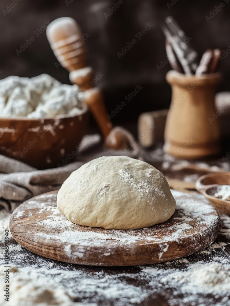 Obraz premium A ball of dough on a wooden board, surrounded by baking tools and ingredients.