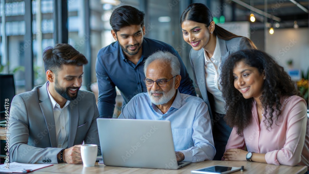 Indian professionals of various ages collaborating around a shared office desk. Indian professionals of various ages collaborating around a shared office desk.