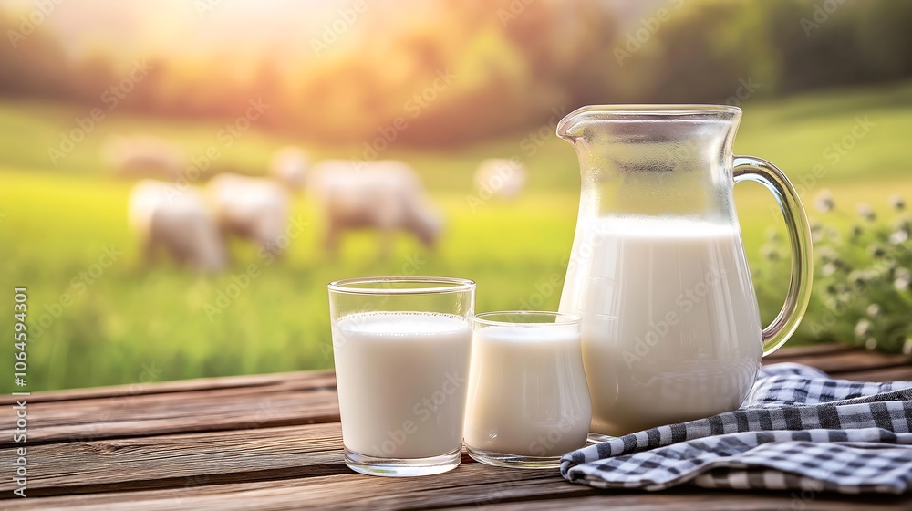 Freshly poured milk in glass and pitcher set on wooden table with grazing cows in green pasture during sunset