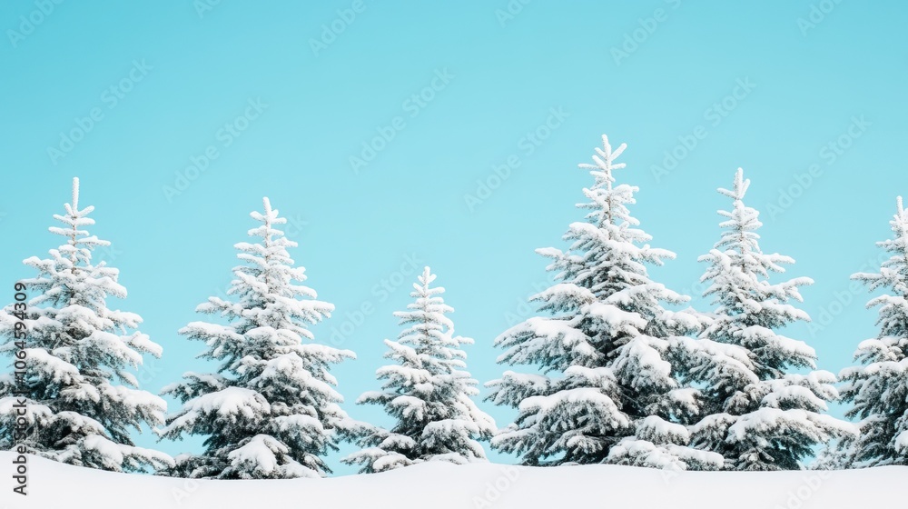 Obraz premium A serene winter landscape featuring snow-covered evergreen trees against a clear blue sky.