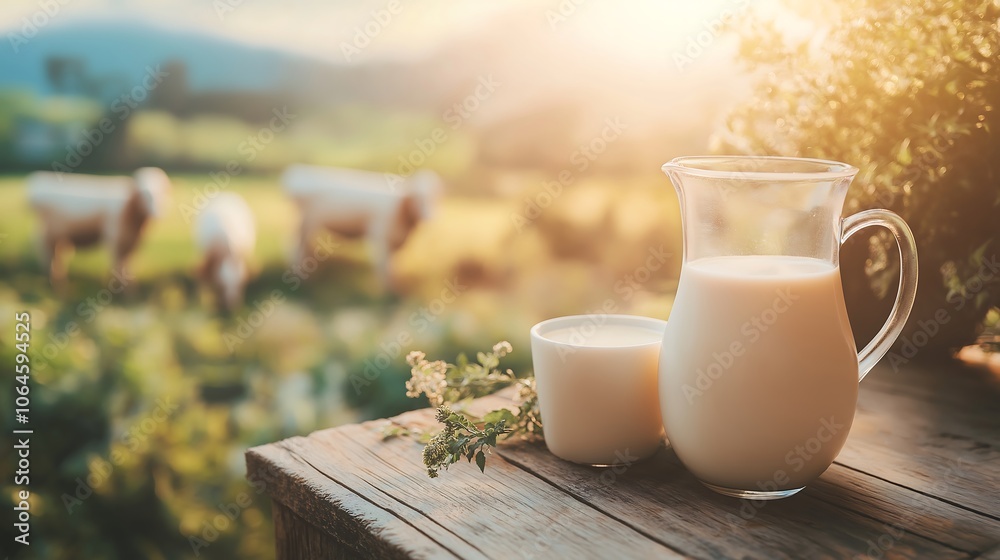 Freshly poured milk in a glass and jug on a rustic wooden table with grazing cows in a sunlit green meadow during the late afternoon Freshly poured milk in a glass and jug on a rustic wooden table with grazing cows in a sunlit green meadow during the late afternoon